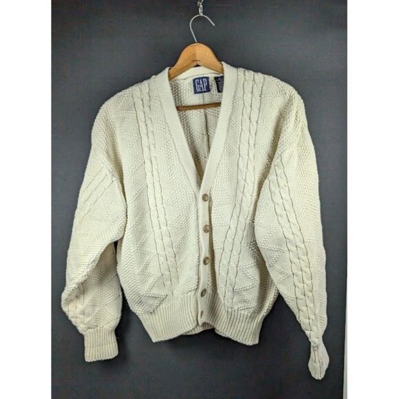 Vintage 80s Gap Sweater Cardigan XL Cable Knit Fisherman Academia Cottagecore - Picture 1 of 7